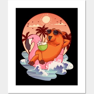 Retro 80s 90s Flamingo Pool Men Kids Women Funny Capybara Posters and Art